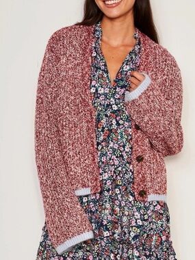Sundry Marled Rose Button-Front Cardigan with Light Blue Trim